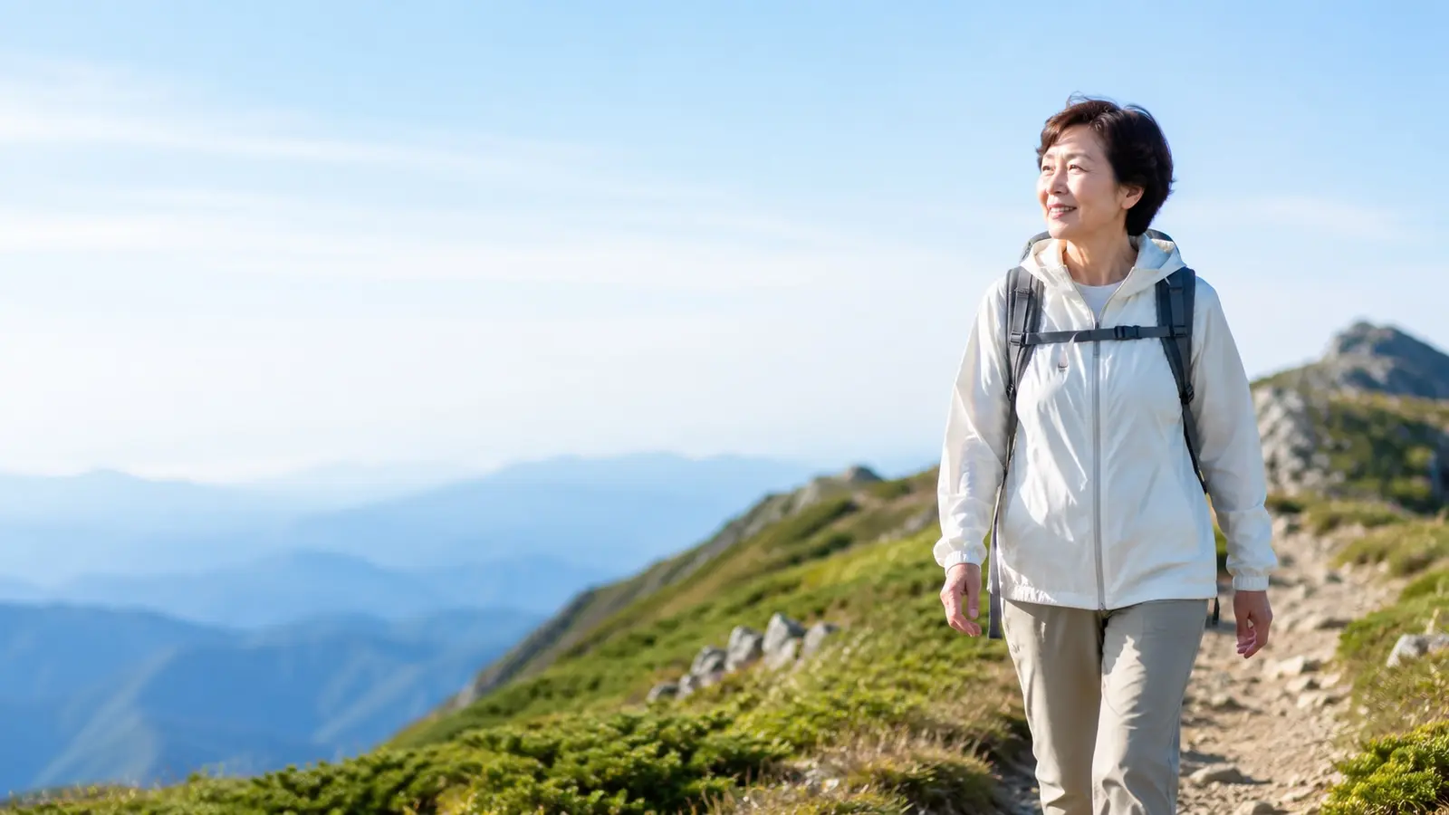 山頂で景色を眺める女性