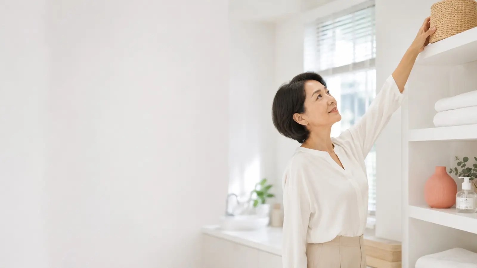 高い棚に腕を伸ばす女性