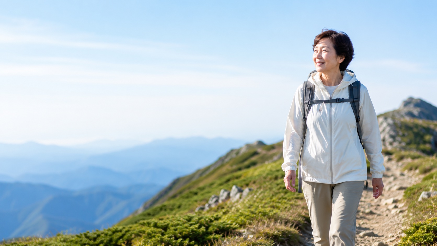 山頂で景色を眺める女性