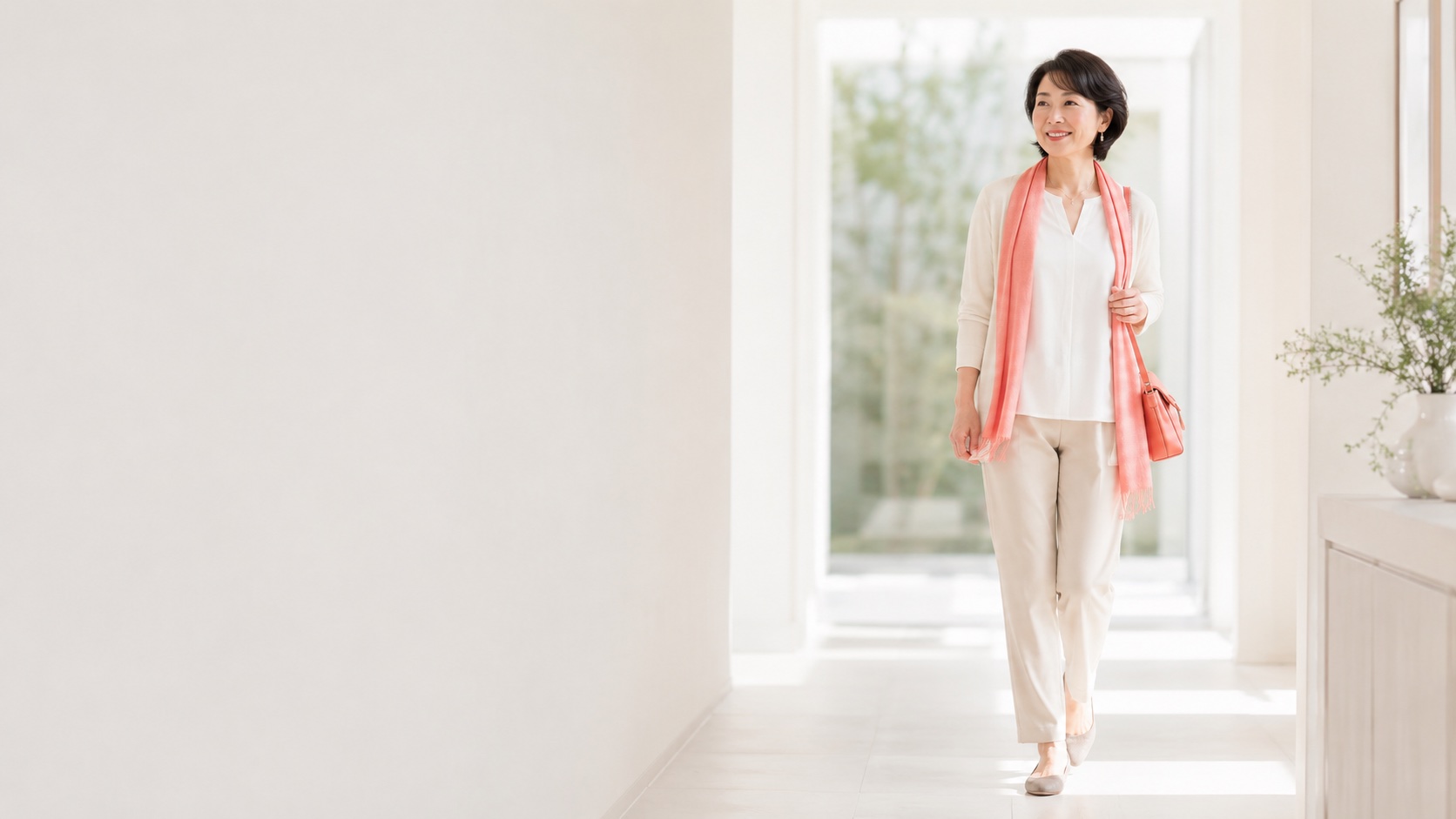 軽やかに歩く・出かける支度をする女性